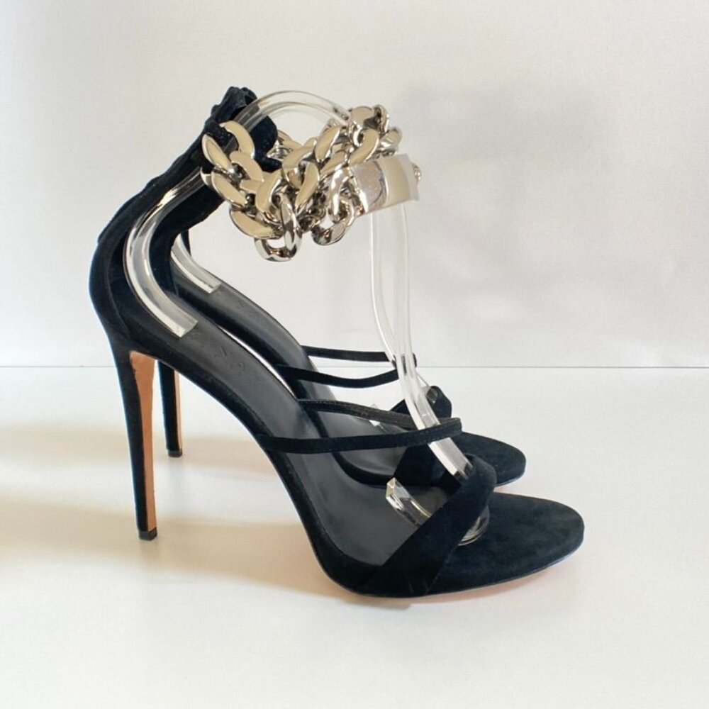 AMINAH ABDUL JILLIL Black Suede Ankle Strap Heels With Silver Chain Detail, size - Picture 3 of 10